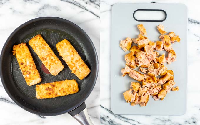 Side by side view of how first the vegan salmon is fried n a pan and then pulled apart on a cutting board.