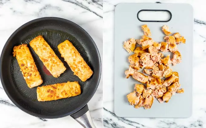 Side by side view of how first the vegan salmon is fried in a pan and then pulled apart on a cutting board.
