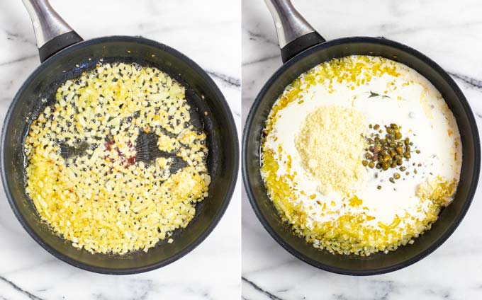 Side by side view of the basic creamy sauce preparation: frying finely diced onions and then mixing in non dairy cream, cheese, and capers.