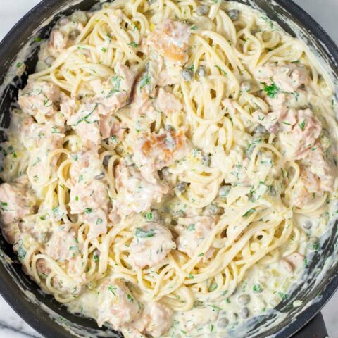 top view of the saucepan with the mixed Salmon Pasta.
