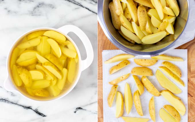 Showing how the cut potatoes are first soaked in water for 15 minutes to release starch and then drained and dried.