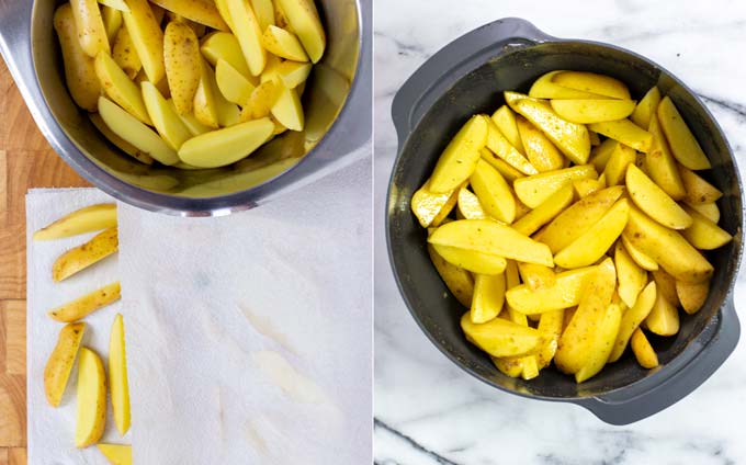 Side by side view showing the plain dried potato strips and after being mixed with oil and spices in a large mixing bowl.