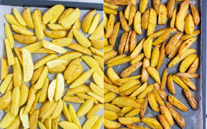 Side by side view of the Steak Fries on a baking sheet with parchment paper, before and after baking in the oven.