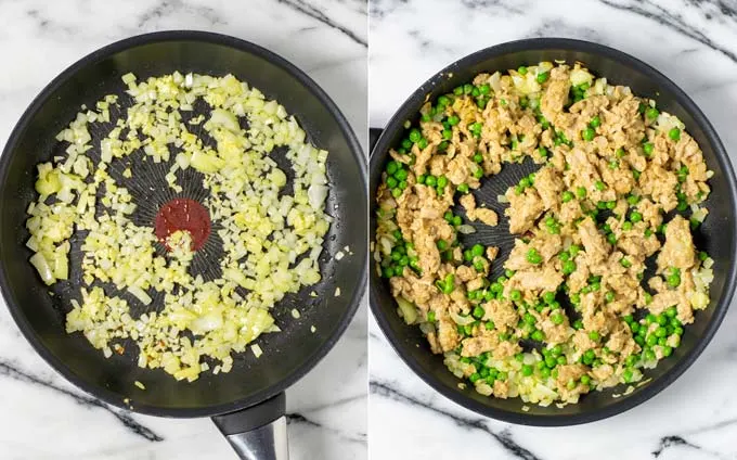 Side by side view of a frying pan. First picture shows how diced onions are fried. Second picture is after addition of vegan tuna and peas.