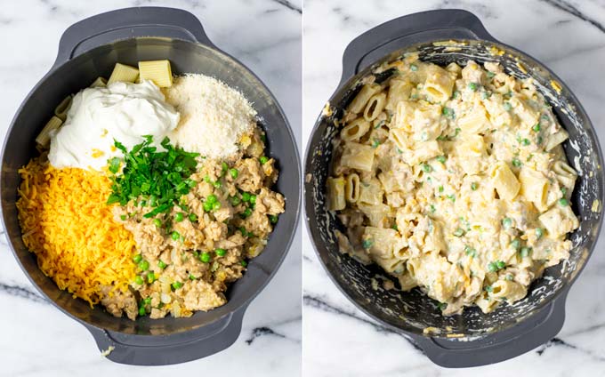 Side by side view of a large mixing bowl with all casserole ingredients before and after mixing.