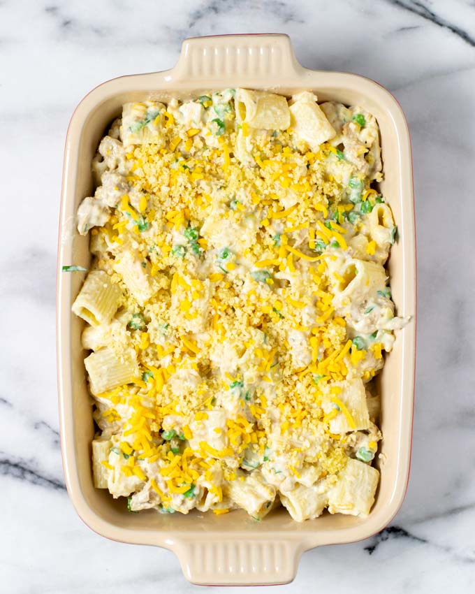 Top view of a casserole dish with the Tuna Noodle Casserole before baking.