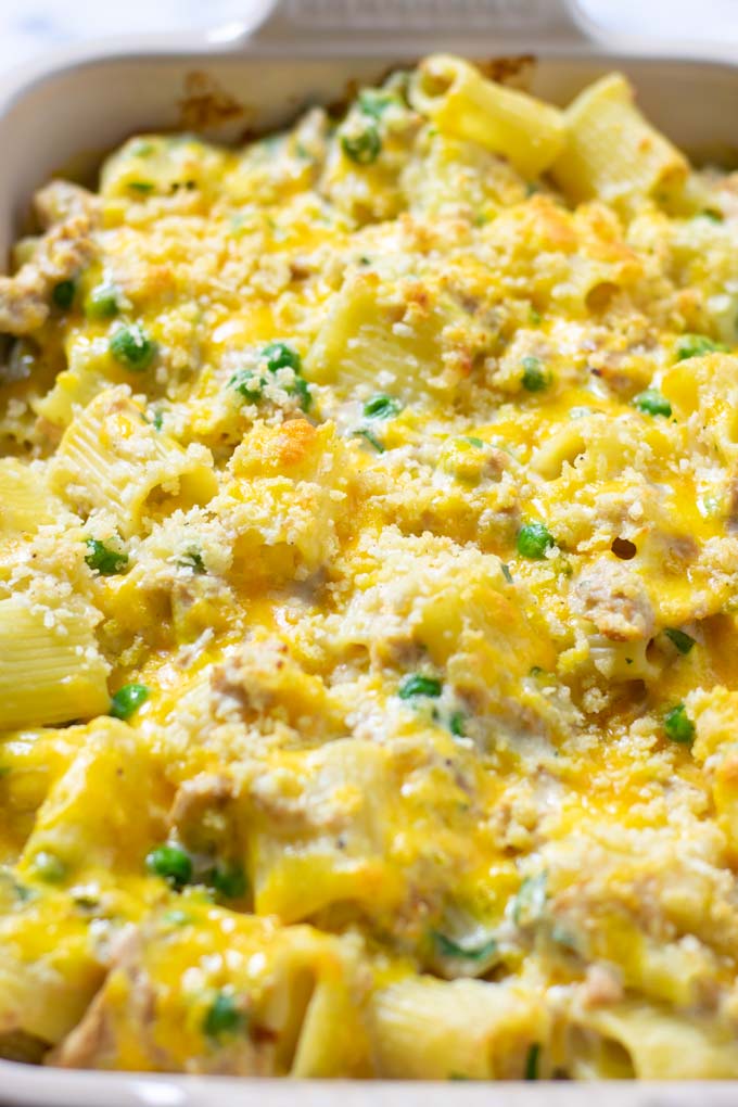 Closeup of the cheesy crust of the Tuna Noodle Casserole.