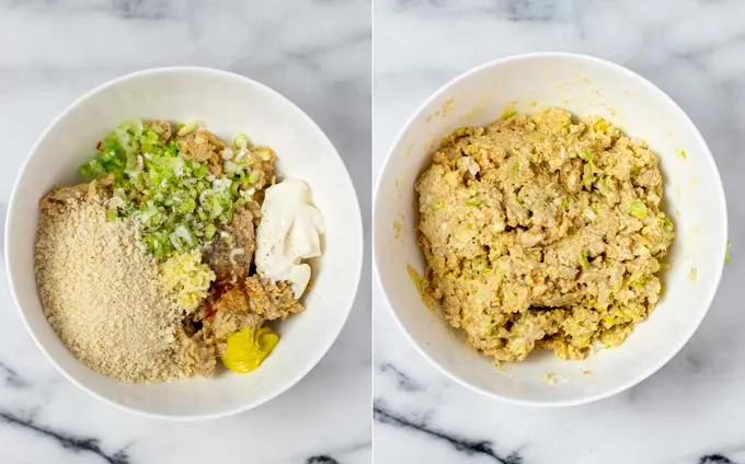 Side by side view of a large mixing bowl, showing the steps in making the mixture to make the Tuna Patties from.