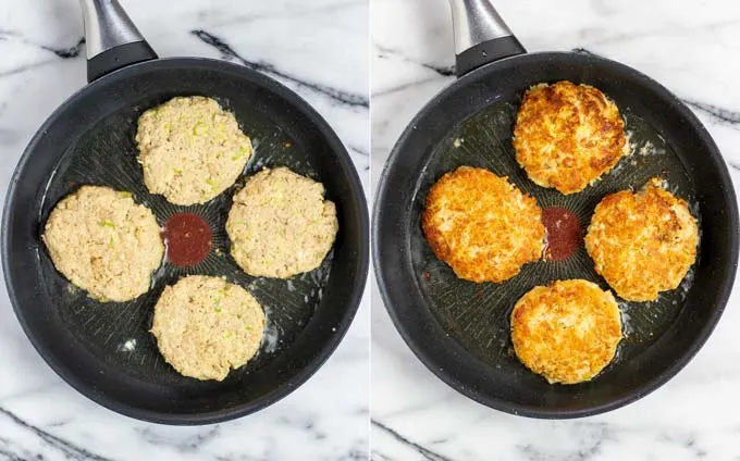 Side by side view of a frying pan with the Tuna Patties at the start and end of frying them.