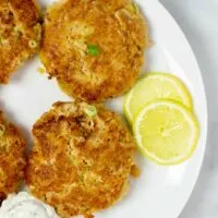 Closeup of two Tuna Patties with fresh herbs and lemon slices.