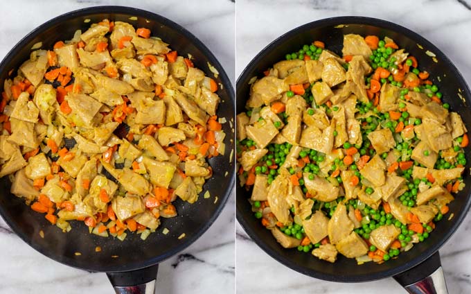 Side by side view of a frying pan with the vegan chicken and carrots, and later added peas.