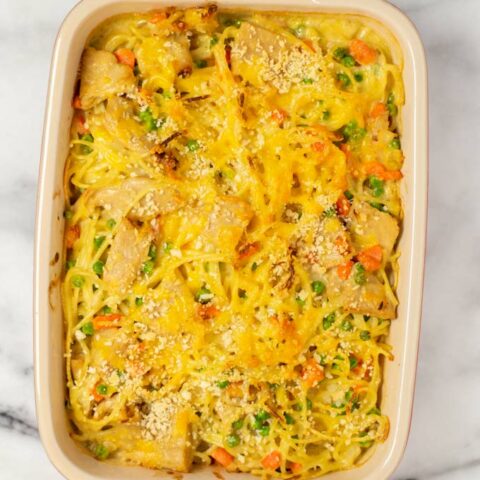 Top view of the baked Chicken Noodle Casserole.