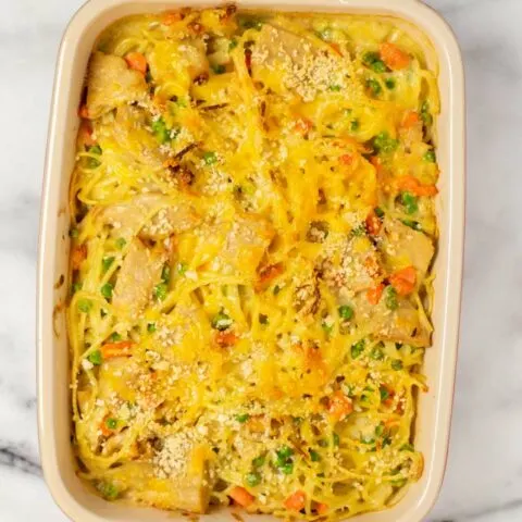 Top view of the baked Chicken Noodle Casserole.