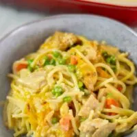 Closeup of a portion of the Chicken Noodle Casserole in a bowl with the casserole dish in the background.