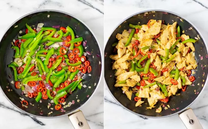 Side by side view of a large frying pan with vegetables and vegan chicken.