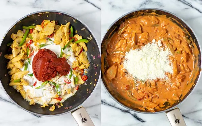 Side by side view of a large frying pan with vegetables, chicken, and sauce ingredients.