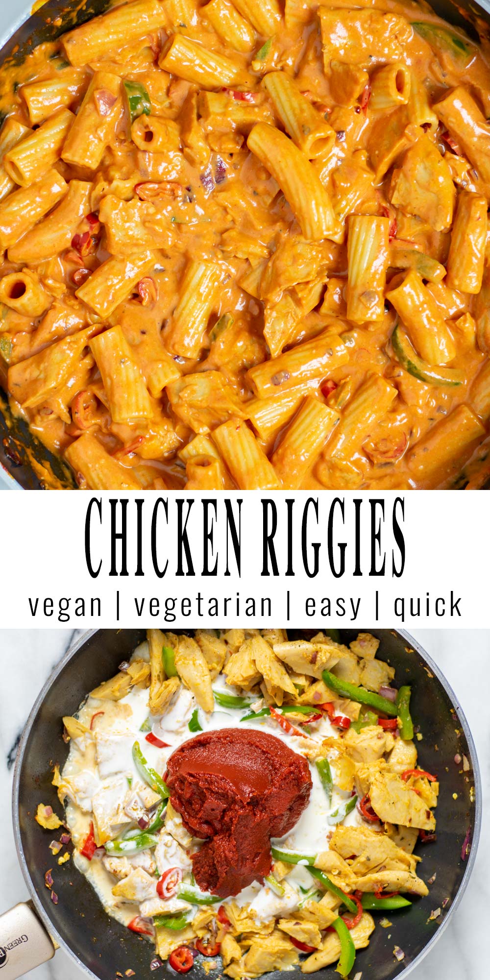 Collage of two pictures of the Chicken Riggies with recipe title text.