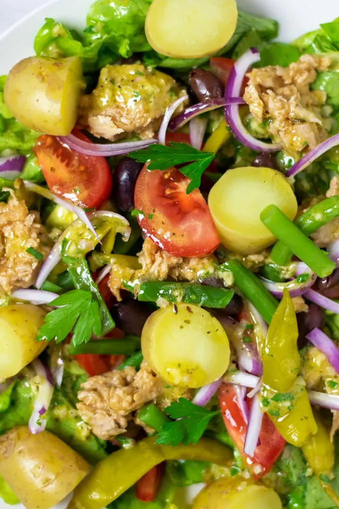 Closeup view on the Nicoise Salad.