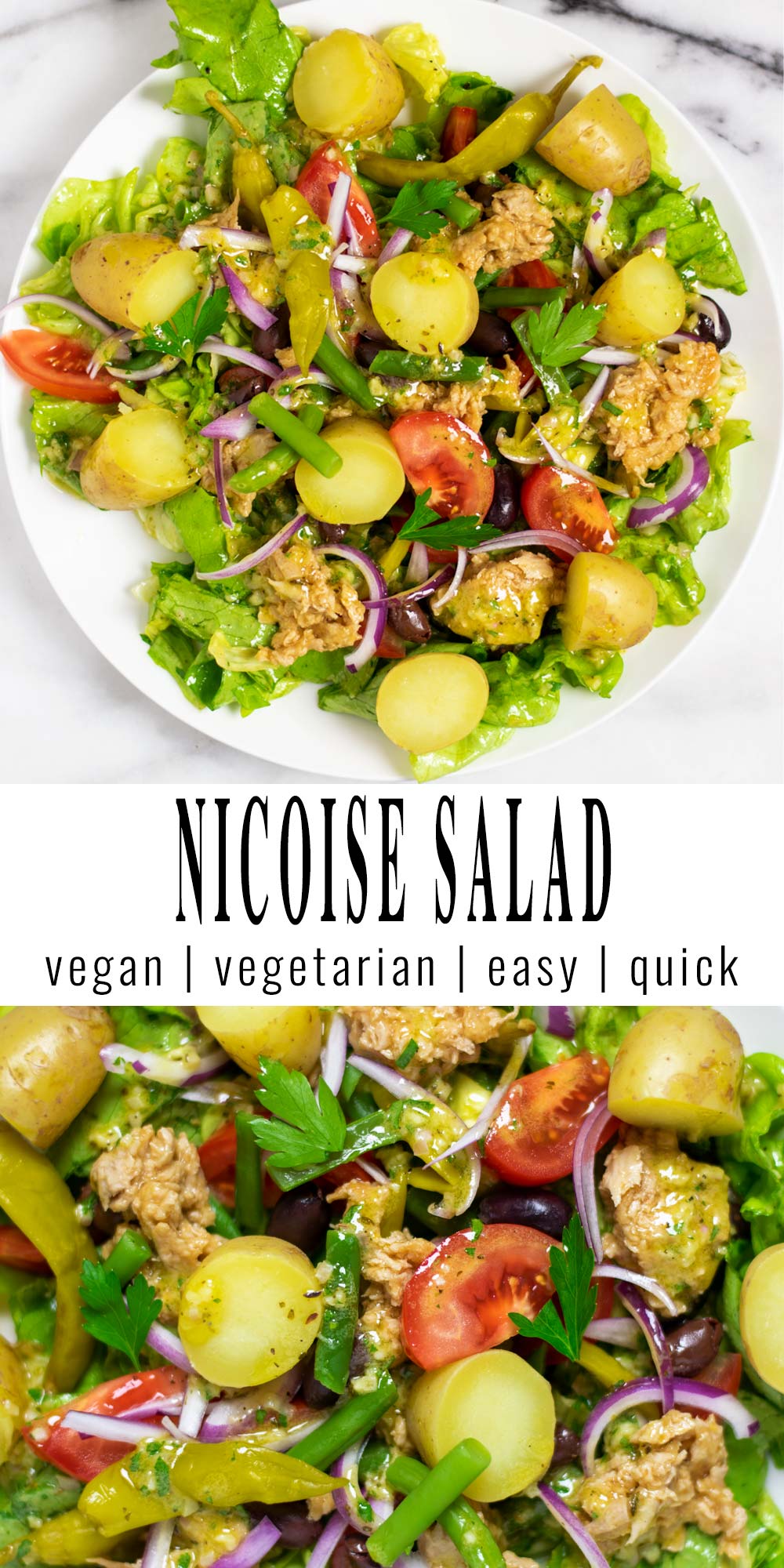 Collage of two pictures of the Nicoise salad, with recipe title text.