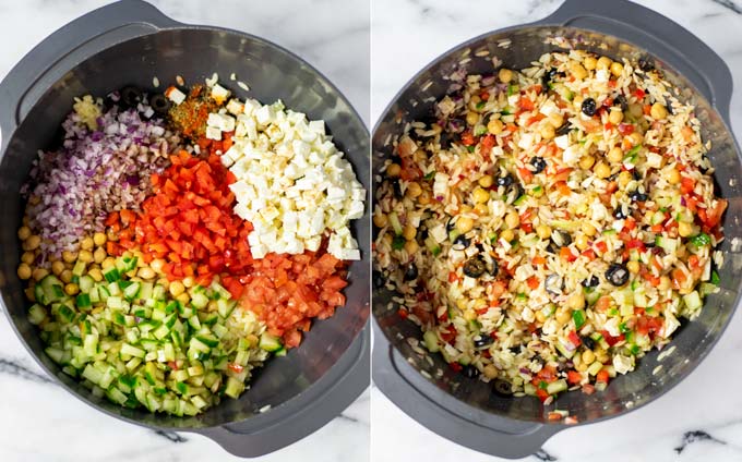 Side by side view of a large mixing bowl with the Orzo Salad before and after mixing. 