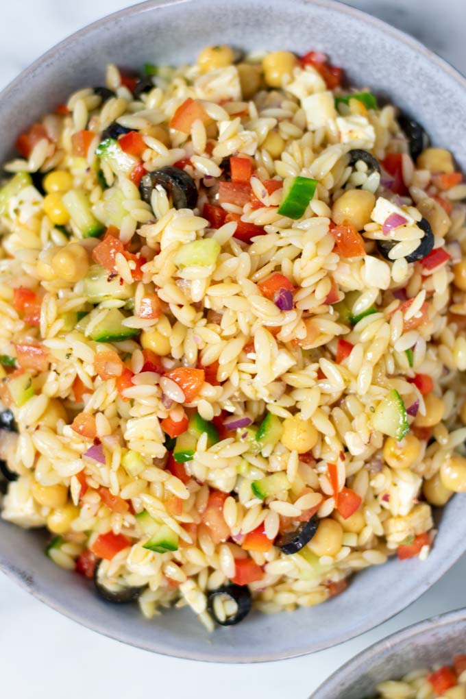 Closeup view on a large portion of the Orzo Salad.