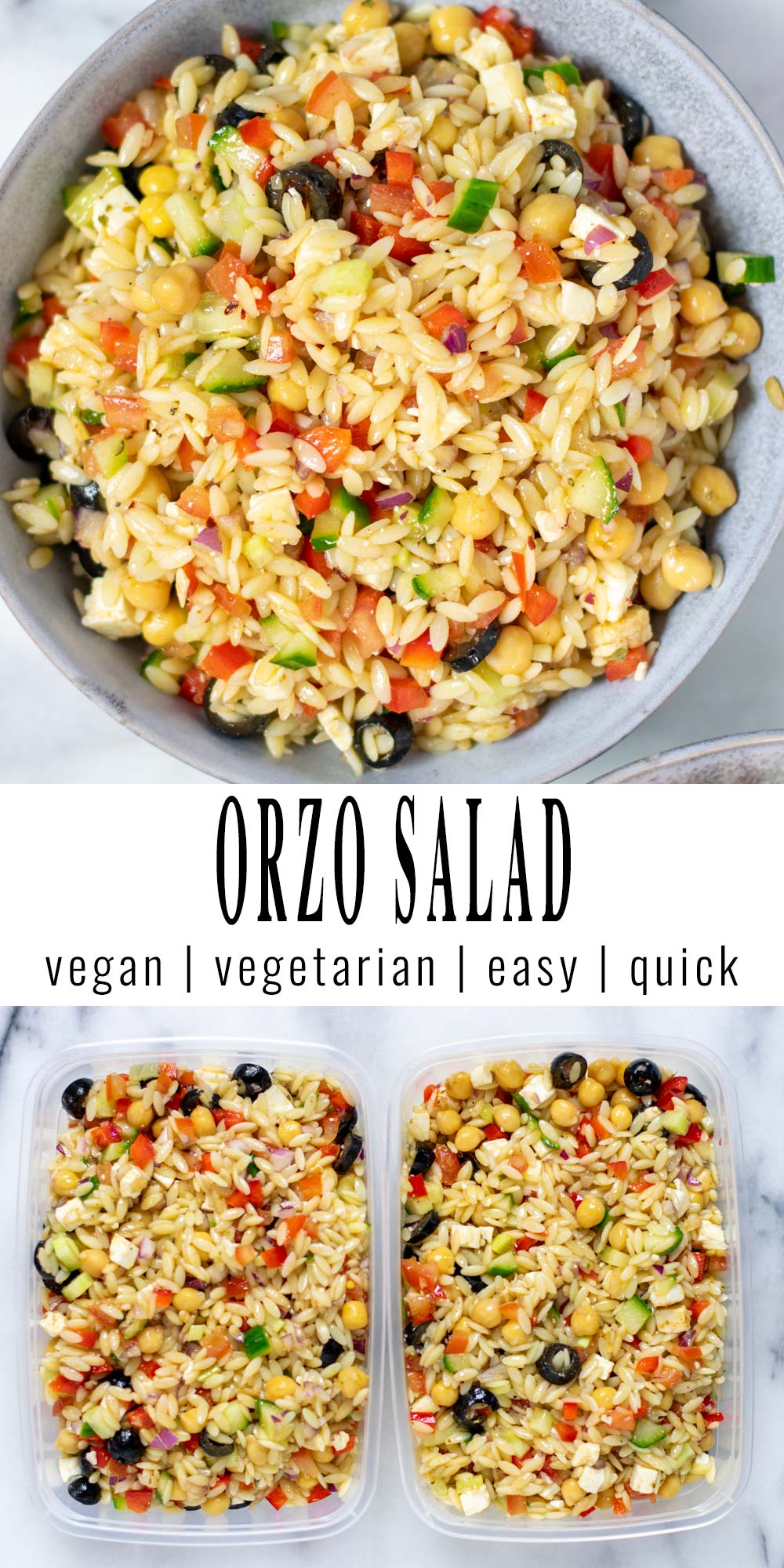 Collage of two pictures of the Orzo Salad with recipe title text.