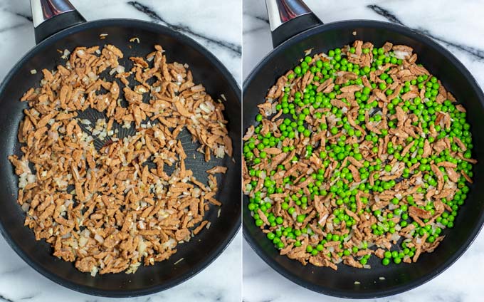 Side by side view of a frying pan with vegan bacon, onions, and later peas added.