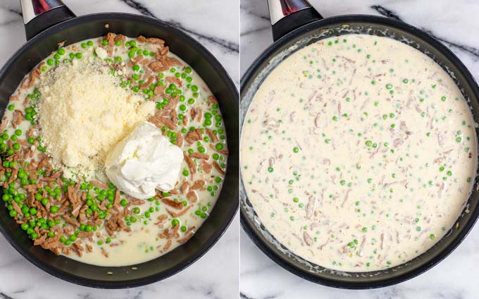 Top views on a pan with the sauce ingredients added to the refried onions, bacon, and peas, before and after mixing.