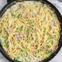 Top view of the Pea Pasta in a pan.