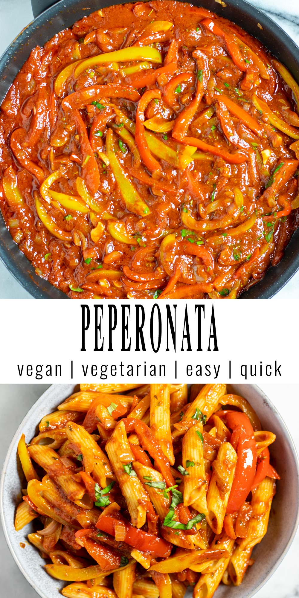 Collage of two pictures of the Peperonata with recipe title text.