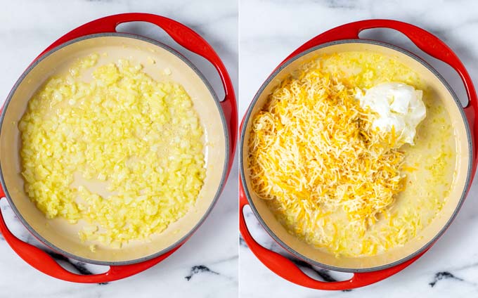 Side by side view of a casserole dish, in which first onions are fried and then mixed with vegan cheese and cream cheese.