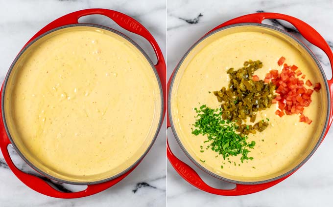 Side by side view of a casserole dish with the mixed creamy ingredients and added herbs, jalapeños, and tomatoes.
