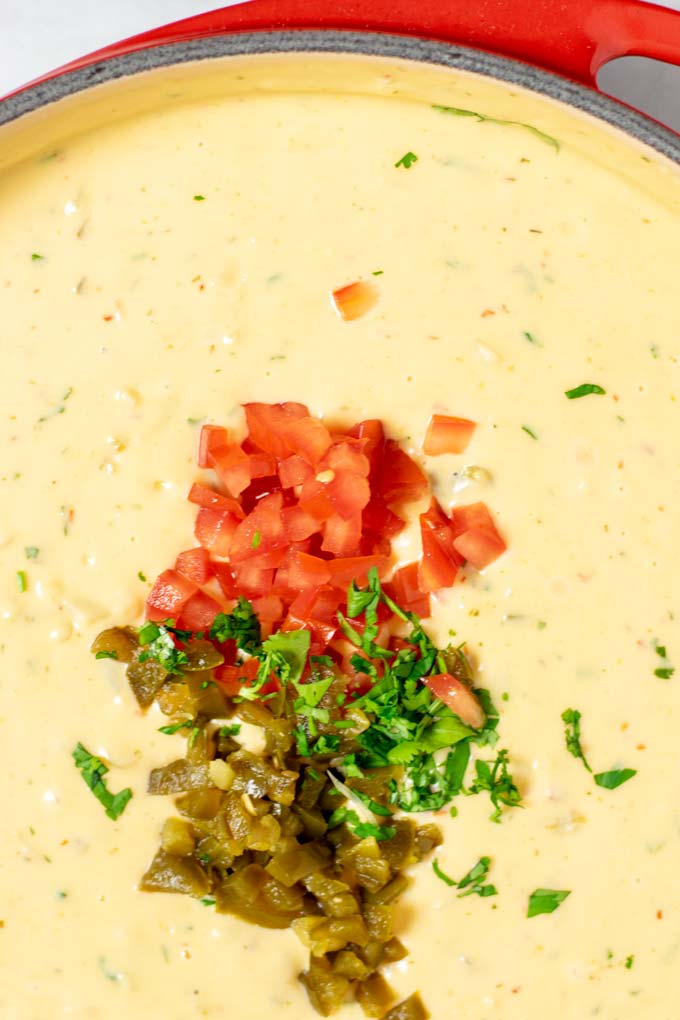 Closeup of the Queso Dip in a casserole dish.