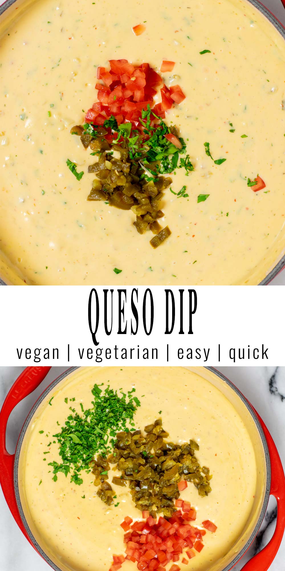 Collage of two pictures of the Queso Dip with recipe title text.