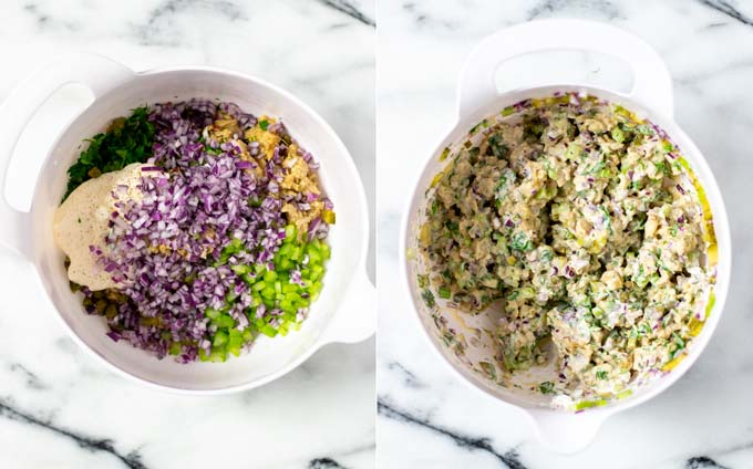 Since by side view of a large mixing bowl in which the Tuna Salad is prepared.