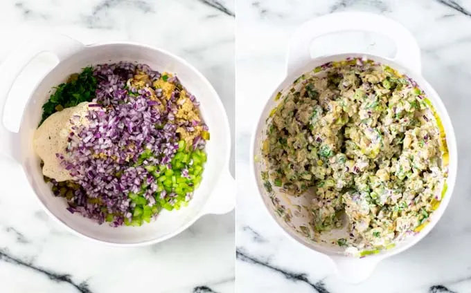 Since by side view of a large mixing bowl in which the Tuna Salad is prepared.