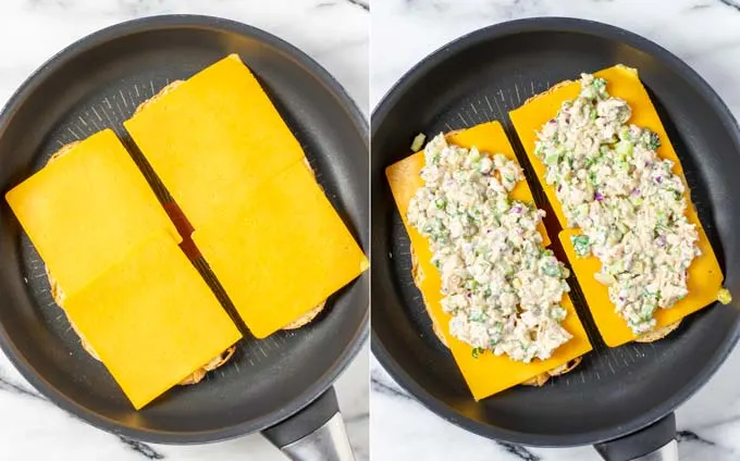 First steps of making the Tuna Melt: slices of bred on a pan with cheese on top, then Tuna Salad added.