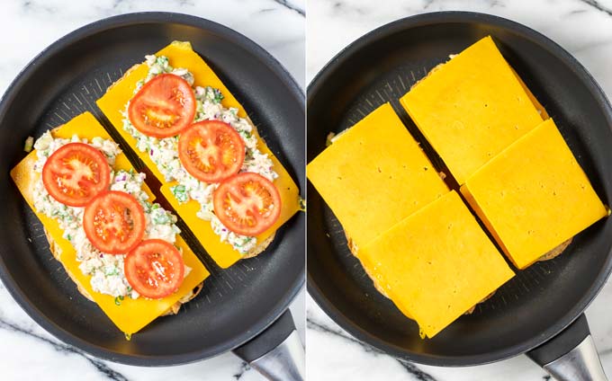 Tomato slices are given onto the sandwiches in the pan, then followed by more vegan cheese.
