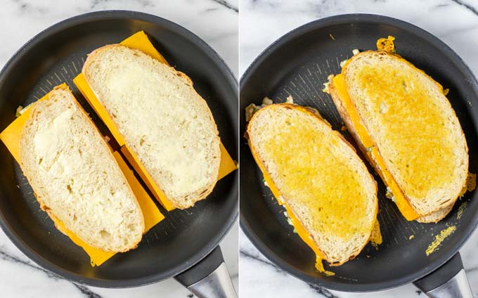 Side by side view of a pan with the Tuna melt, showing first the buttered top slice of the sandwich and then the flipped sandwich with the golden brown crust.