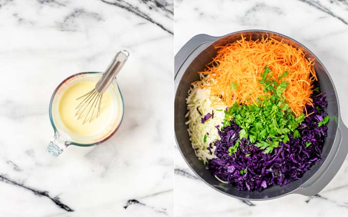 Side by side view of a small jar with the Coleslaw dressing and a large mixing bowl with the salad ingredients.
