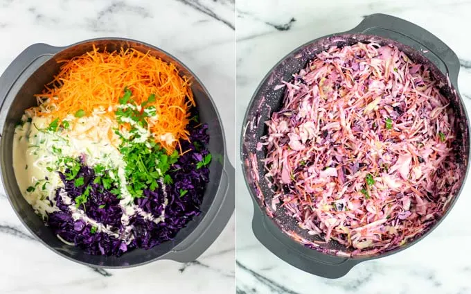 Side by side view of a mixing bowl in which the Coleslaw dressing has been added to the other ingredients, before and after mixing.