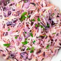 Closeup on the Coleslaw in a serving bowl.