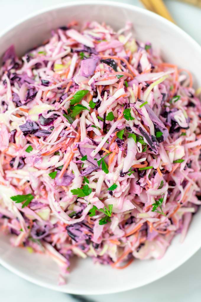 Closeup on the Coleslaw in a serving bowl.