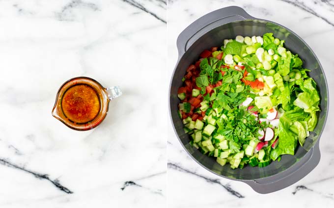 Side by side view of the dressing for the Fattoush Salad and the green and vegetable ingredients in a large mixing bowl.