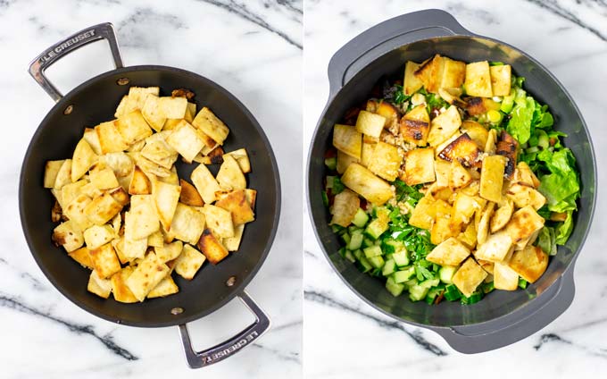 Side by side views of how the pita bread is toasted in a frying pan, then added to the large mixing bowl.