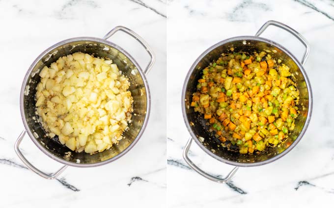 Side by side view of a pot in which vegetables are pre-fried and then mixed with spices.