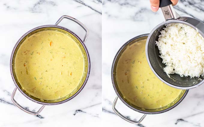 Side by side view showing show first coconut milk, and then basmati rice is given into the pot.