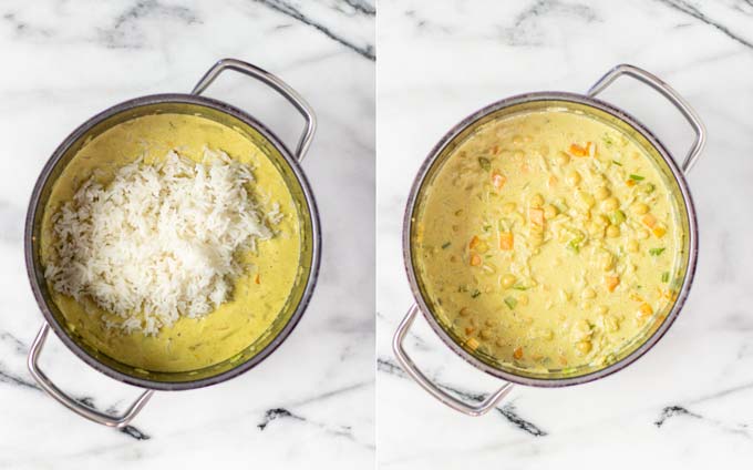 Before and after top views of the pot with the Mulligatawny Soup when adding the rice.