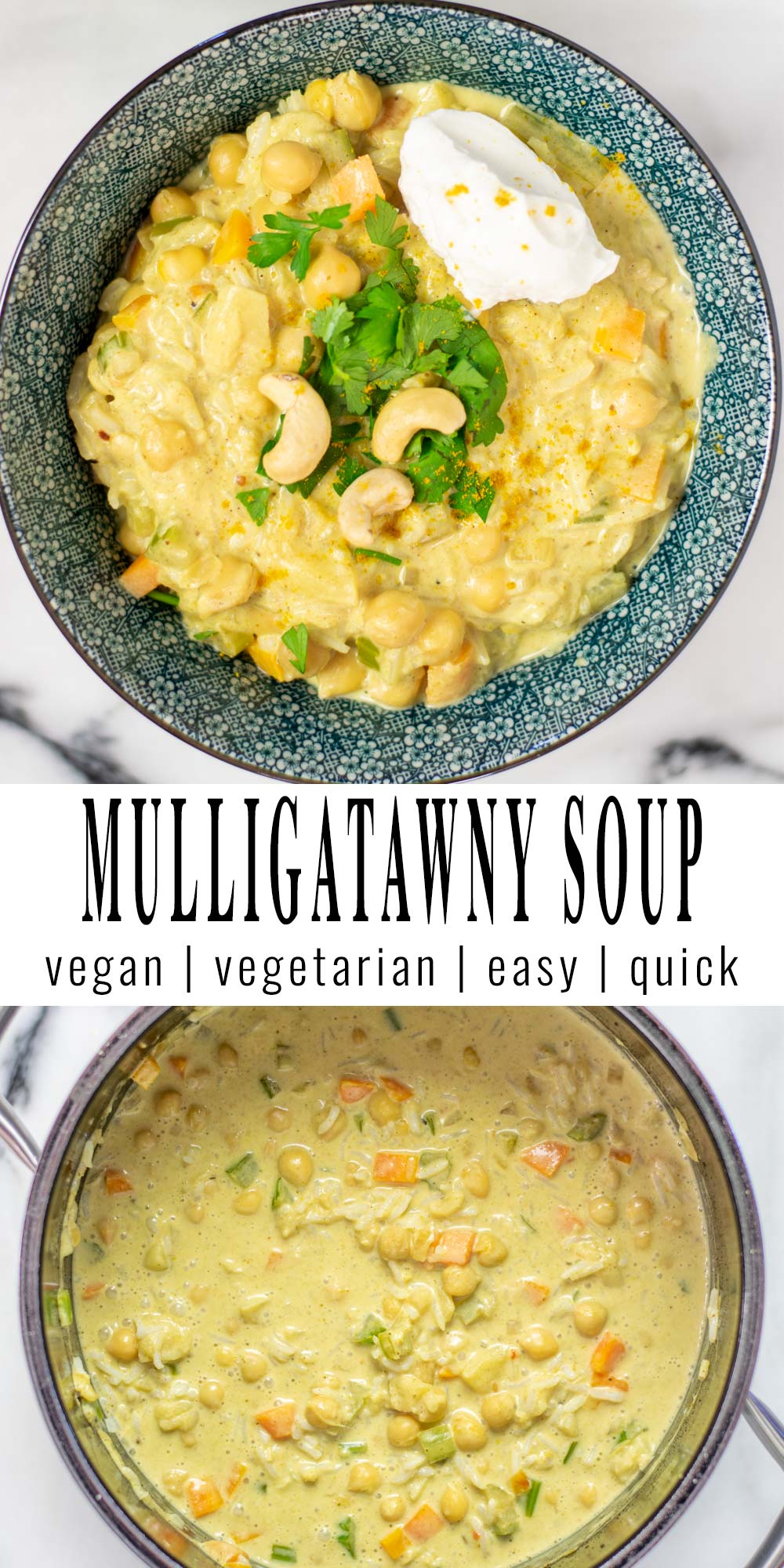 Collage of two pictures of the Mulligatawny Soup with recipe title text.