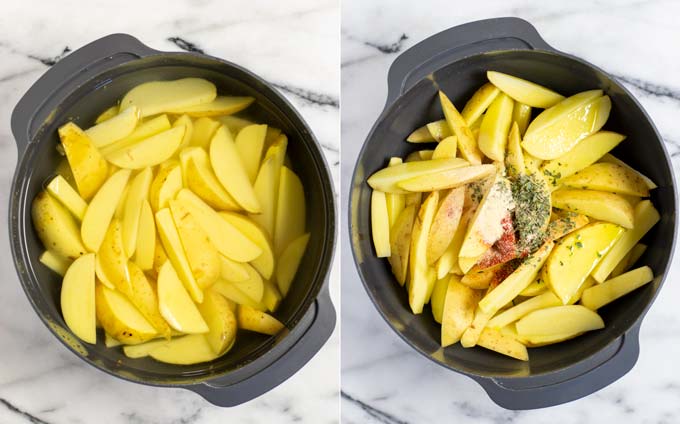 Side by side view of a large mixing bowl with potatoes being soaked, and then dried with seasonings.